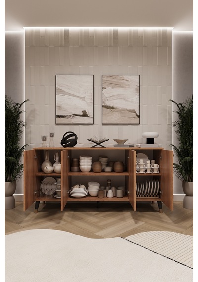 Asra Trend 4 Kapaklı Konsol KNSL01 %100 MDF Metal Ayaklı Çok Amaçlı Dolap Petra