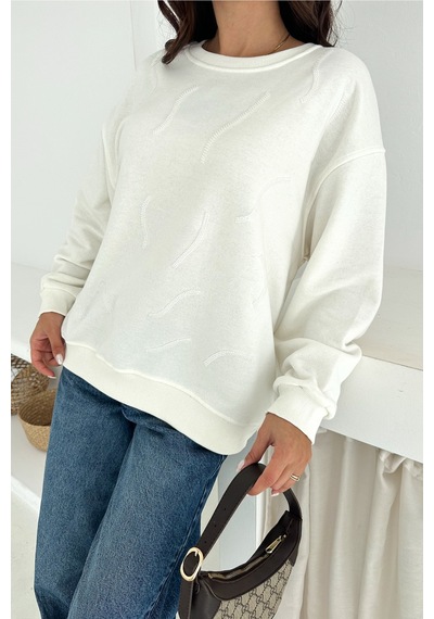 Femelle Kadın Beyaz Boncuk İşlemeli %100 Pamuk Sweatshirt