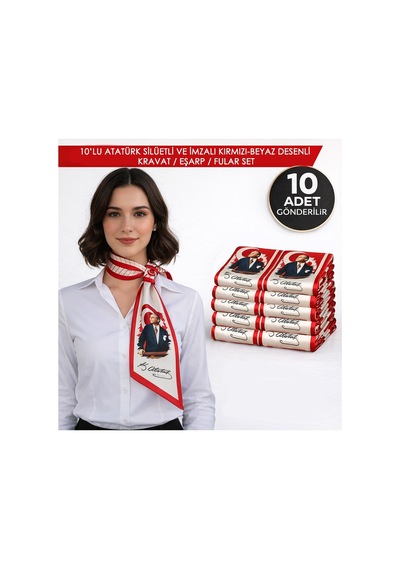 Tarzını Seç 10 Lu Atatürk Silüetli Ve İmzalı Kırmızı-beyaz Desenli Kravat / Eşarp / Fular Set Silüet10