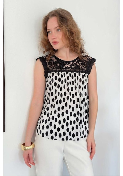Verymoda D 3070 Dantel Detaylı Puantiyeli Plise Bluz D3070 Krem