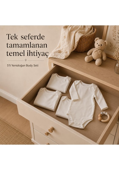 Yenidoğan Bebek Body 5 Li Set, Unisex Ekru Organik Pamuk 0-3 Ay Body Çok Renkli