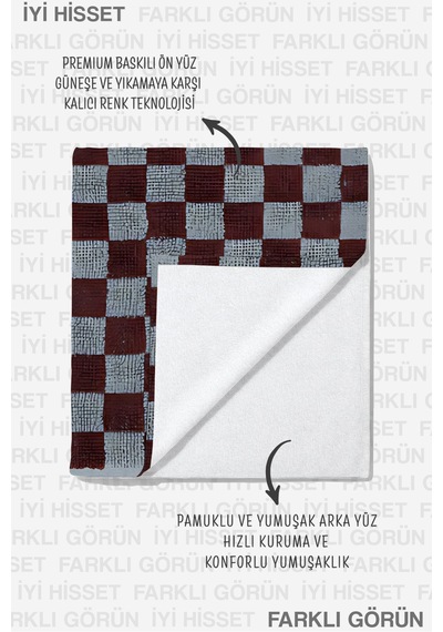 Damalı Kare Desenli Bohem Plaj Havlusu - Modern Bordo Gri Havuz Deniz Hızlı Kuruyan Mikrofiber Havlu Çiy Şafak