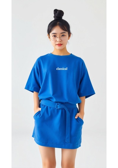 Classical Baskılı Oversize Tshirt Mavi