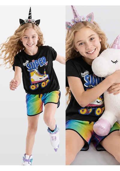 Unicorn Paten Kız Çocuk Yazlık T-shirt Şort Takım