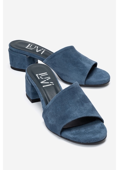 Luvi Shoes Delavıe Kot Mavi Süet Hakiki Deri Kadın Kalın Topuklu Terlik
