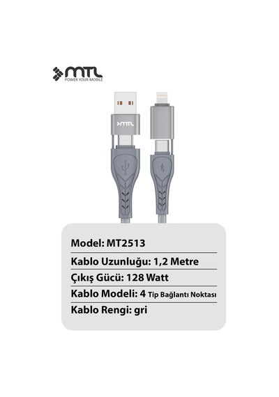 128w 4'ü 1 Arada 4ın1 Süper Hızlı Şarj Destekli Çoklu Fonksiyonlu Hasır Kablo 1.2 Metre Mt2513
