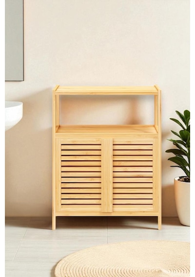 Digithome Bambu Çift Kapaklı 2 Raflı Banyo Düzenleyici Organizer Yatay Dolap Db-0038 Kahverengi