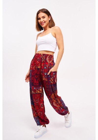 Giysa Kırmızı Etnik Desenli Kadın Şalvar Yoga Pantolonu %100 Viskon Çift Cepli - 2460 Kırmızı