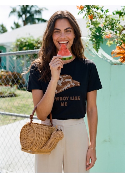 Onloox Kadın Siyah Siyah Pamuklu Bisiklet Yaka Rahat Kesim Kovboy Şapka Nakışlı Boncuk İşlemeli Tişört T-shirt Onloox Kadın Siyah Siyah Pamuklu Bisiklet Yaka Rahat Kesim Kovboy Şapka Nakışlı Boncuk İşlemeli Tişört T-shirt