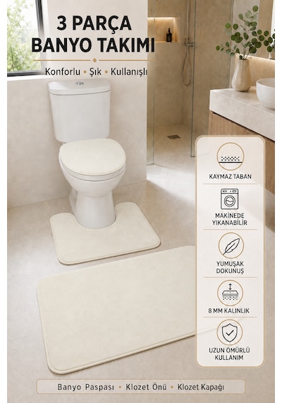 3 Lü Banyo Paspası Halısı Seti Kaymaz Tabanlı Yıkanabilir Klozet Takımı Krem