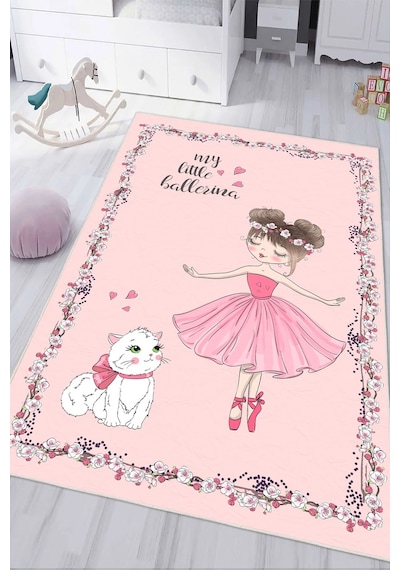 Pembe Balerin Desenli Baskılı Yıkanabilir Kaymaz Kız Çocuk Odası Anaokulu Kreş Halısı