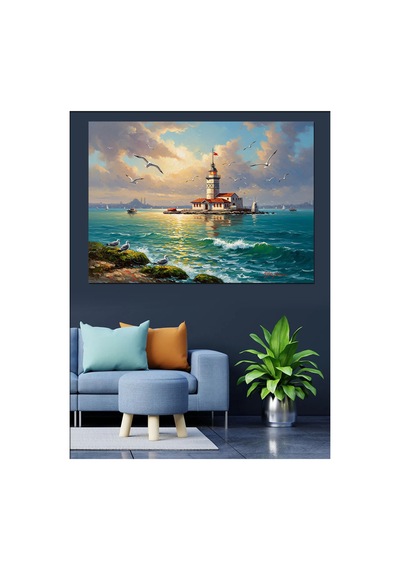 Gün Batımında Deniz Ortasında Kule Yağlı Boya Dokulu Kanvas Tablo Canvas Tablosu