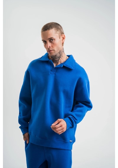 Erkek Patlı Yaka Üç İplik Pamuklu Sweatshirt Double Oversize Rahat Kalıp Günlük Kullanım - Mavi Mavi