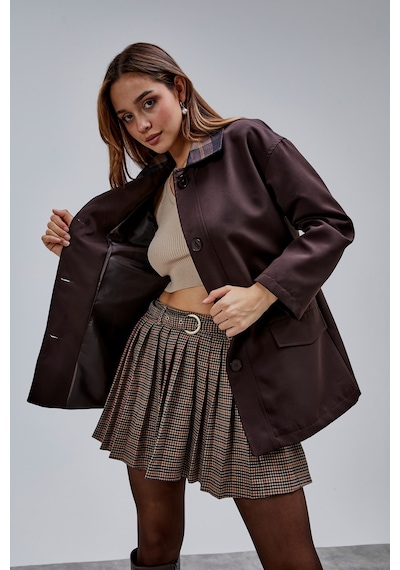 Mia Acı Kahve Ekose Yaka Cepli Oversize Trençkot Kahverengi
