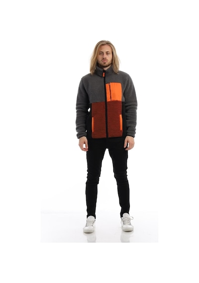 Polostate Erkek Dik Yaka Parçalı Peluş Polar Ceket Gri