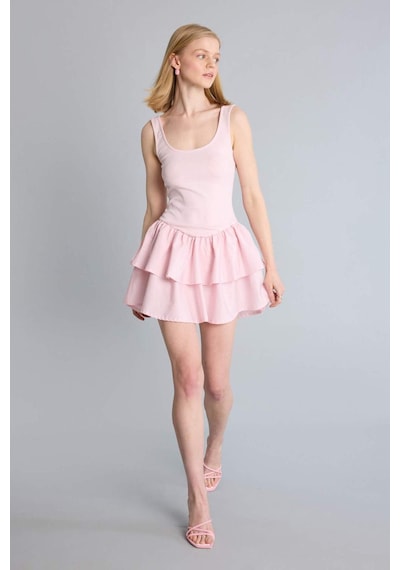 Defacto U Yaka Kısa Kollu Mini Elbise H7108ax26smpn440 Pembe-pn440