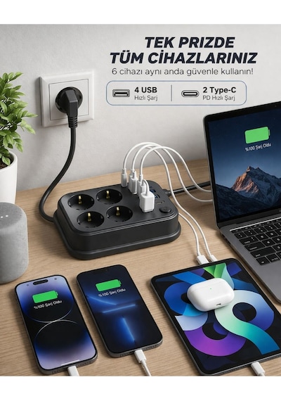 Akım Korumalı 4 Lü Priz 2x Usb-c 4x Usb-a Şarj 2m Kablo Uzatma Çocuk Korumalı Çoklu Priz 2 M