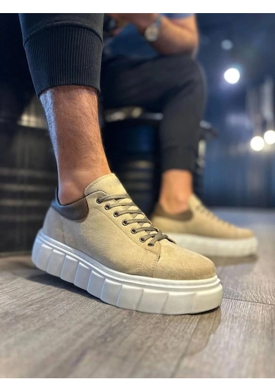 Mevese Ares Bağcıklı Süet Erkek Günlük Sneaker Yüksek Taban Ayakkabı - Krem