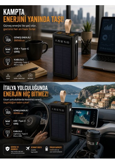30000mah Güneş Enerjili Powerbank Lcd Ekran Usb Type-c Lightning Dahili Kablolu Taşınabilir Şarj Siyah
