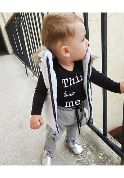 Kapüşonlu Şişme Yelekli 4 Parça Erkek Bebek Çocuk Bereli Takım Açık Gri