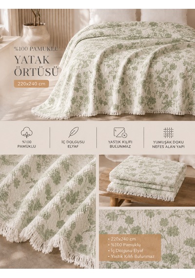 Premium Çiçek Desenli %100 Pamuk Müslin Yatak Örtüsü , Pike , 4 Mevsim Yeşil