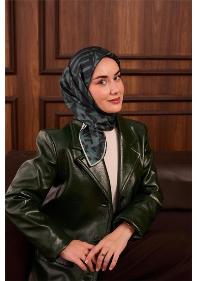 Silk Home Twill İpek Eşarp Koyu Yeşil Patina Su Yeşili Desenli Tok Duruşlu 90x90 Çok Renkli