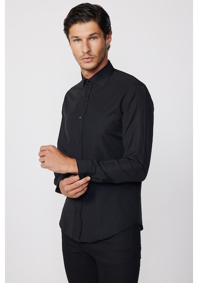 Tudors Slim Fit Uzun Kollu Pamuklu Kolay Ütü Siyah Erkek Gömlek-17088 Siyah