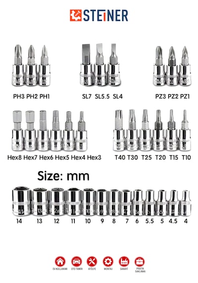 Steiner 46 Parça 1/4 Cırcırlı Anahtar Takımı Bits Uç Lokma Set