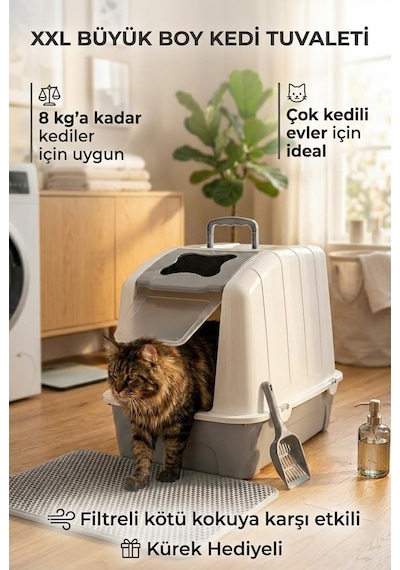 Xxl Büyük Boy Kapalı Kedi Tuvaleti, Filtreli Ve Kürek Hediyeli, 59x41,5x47,5 Cm - Vn11097