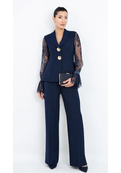 Dorne Moda Özel Seri Dantel Kollu Gold Düğmeli Şık Pantolonlu İkili Takım Lacivert Dorne Moda Özel Seri Dantel Kollu Gold Düğmeli Şık Pantolonlu İkili Takım Lacivert