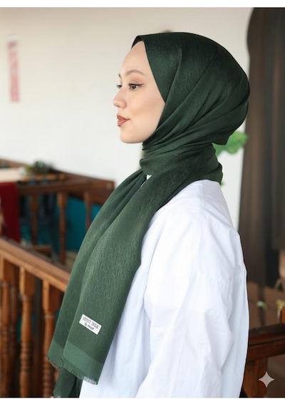 Premium Lux Original Monogram Şal İpek Vual, Yüksek Kalite, Hafif, Rahat, Şık, Tesettür, Shawl Haki - Yeşil