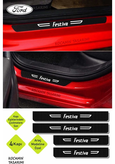 Ford Festiva Karbon Kapı Koruma Eşiği Yazılı Dekoratif Kaplama Siyah Üzeri Beyaz 4 Parça Ford Festiva