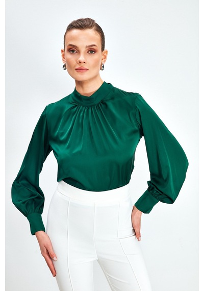 Sateen Yaka Detaylı Saten Bluz - Zümrüt