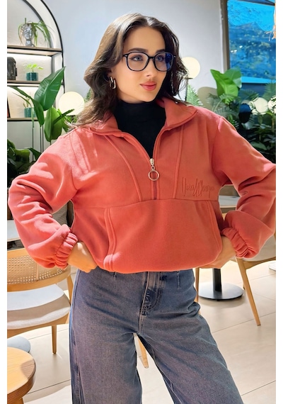 Tommy Life Yaban Gülü Yarım Fermuar Etek Ucu Büzgülü Kadın Polar Oversize Sweatshirt - 97171 Pembe