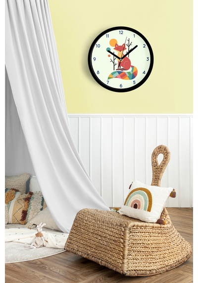Sevimli Tilki Temalı Çocuk Odası Modern Duvar Saati - 25cm - Önü Camlı Siyah Kasa - Sessiz Mekanizma-jh0059 Siyah