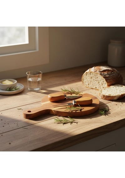 Doğal Akasya Peynir Sunum Tahtası Ve Servis Seti 25x17 Cm Saplı Mini Kesme Tahtası, Yanında Özel Bambu Saplı Diğer