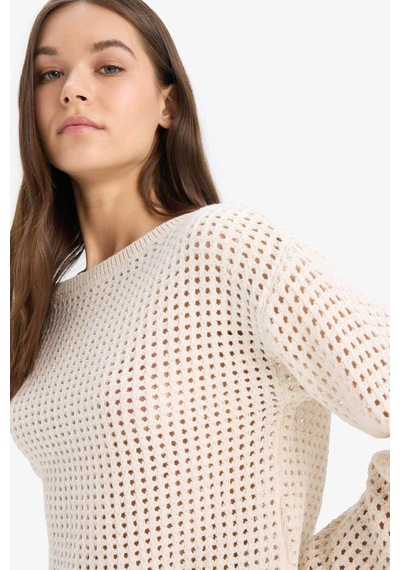 DeFacto 	Regular Fit Bisiklet Yaka Kroşe Triko Kazak T4513AZ25SPER223 Ekru