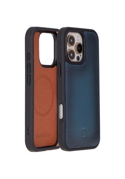 Apple Uyumlu iPhone Bouletta 16 Pro Hakiki Deri El Yapımı Cüzdanlı Kılıf Gölgeli Mavi