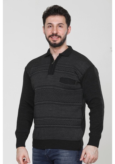 Kzc Tekstil Erkek Baba Orta Yaş Ve Üzeri Triko Örgü Akrilik Kışlık Regular Fit Cepli Fermuarlı Polo Yaka Kazak Antrasit
