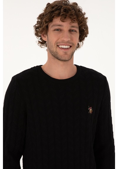 U.S. Polo Assn. Erkek Slim Fit Bisiklet Yaka Desenli Siyah Kazak 50307836-VR046