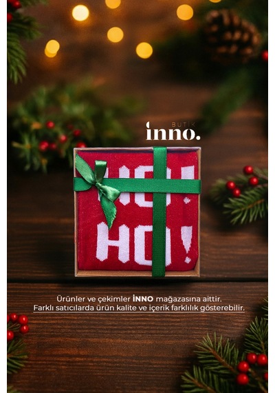 Inno Yılbaşı Hoho Desenli Noel Babalı Kraft Kutulu Çorap Tekli Beyaz