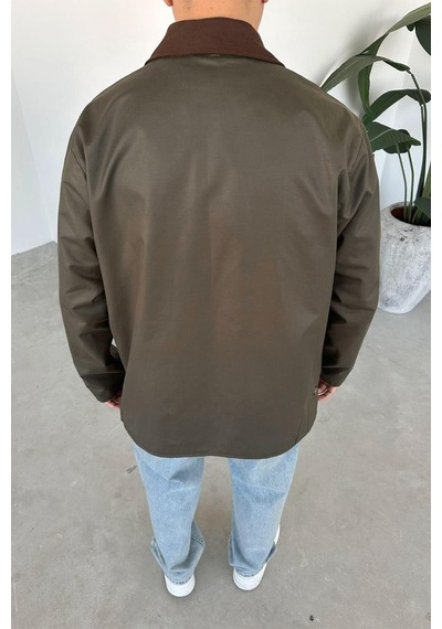 Haki Waxed Çıt Çıt Cep Detay Oversize Ceket Haki