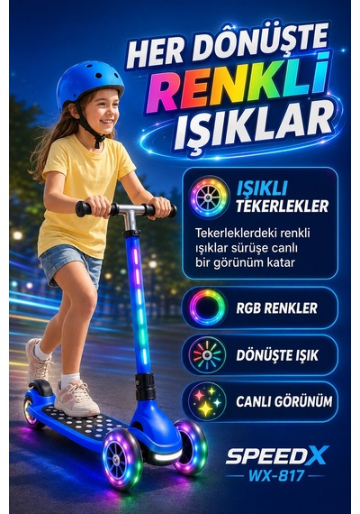 Mavi Speedx Wx-817 Rgb Işıklı Müzikli Çocuk Scooter Ayarlanabilir Alüminyum T-bar Tekerlekli Frenli