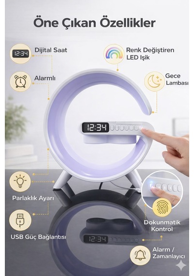 G Şekilli Led Masa Lambası Dijital Saatli Alarm Özellikli Dokunmatik Kontrol Beyaz