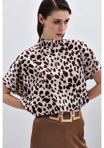Sateen Yarasa Kol Salaş Bluz - Bej-kahve-135941 Bej-kahve