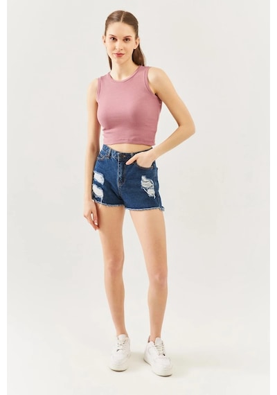 Butikgiz Kadın Sıfır Kol Bisiklet Yaka Vücuda Oturan %100 Pamuklu Kaşkorse Esnek Crop Bluz Gül Kurusu