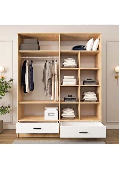 Ases Mobilya Esl0271 Geniş Gardırop Elbise Dolabı 4 Kapaklı Bol Raflı 2 Çekmeceli Modüler Dolap Beyaz - Safir Meşe Ases Mobilya Esl0271 Geniş Gardırop Elbise Dolabı 4 Kapaklı Bol Raflı 2 Çekmeceli Modüler Dolap Beyaz - Safir Meşe