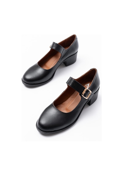 Analin Shoes Kadın Hakiki Deri Tokalı Günlük Kalın Topuklu Ayakkabı Siyah
