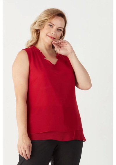 Moda Berray 3241 Yaka Fırfırlı Kolsuz Büyük Beden Şık Bluz Mürdüm Çok Renkli