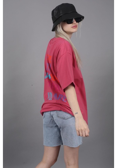 Madmext Pembe Baskılı Oversize Bisiklet Yaka Kadın Tişört-pembe Pembe
